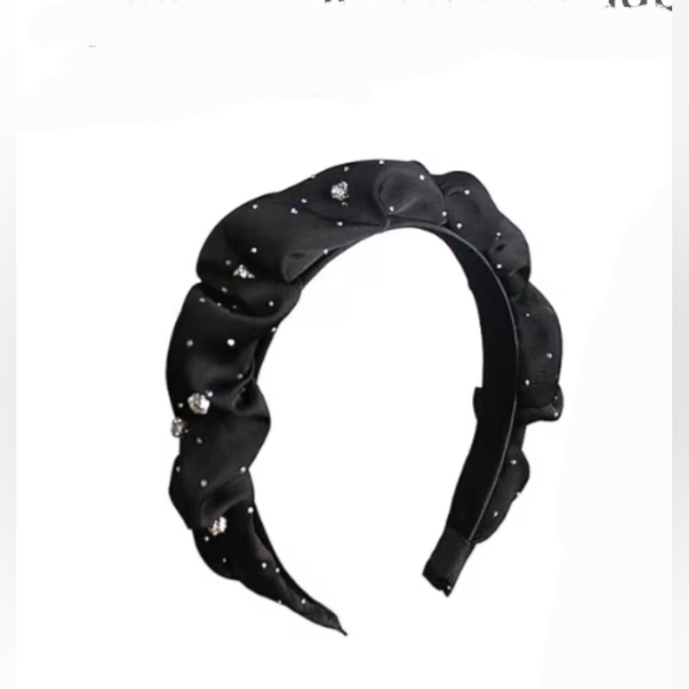 Black Ruched Headband Adorned with Rhinestone Accents BNIB